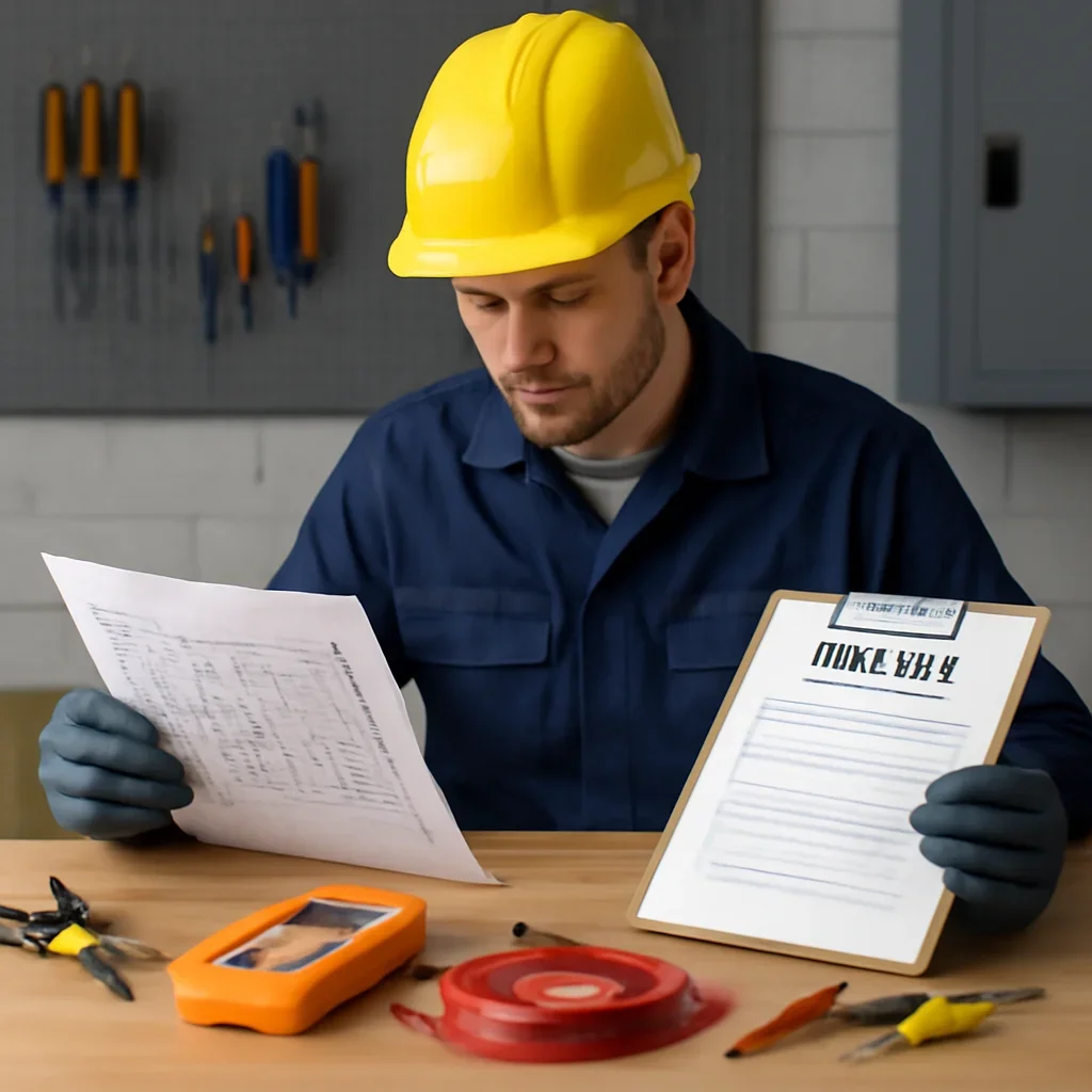 Electrician reviewing property details and electrical plans before work begins