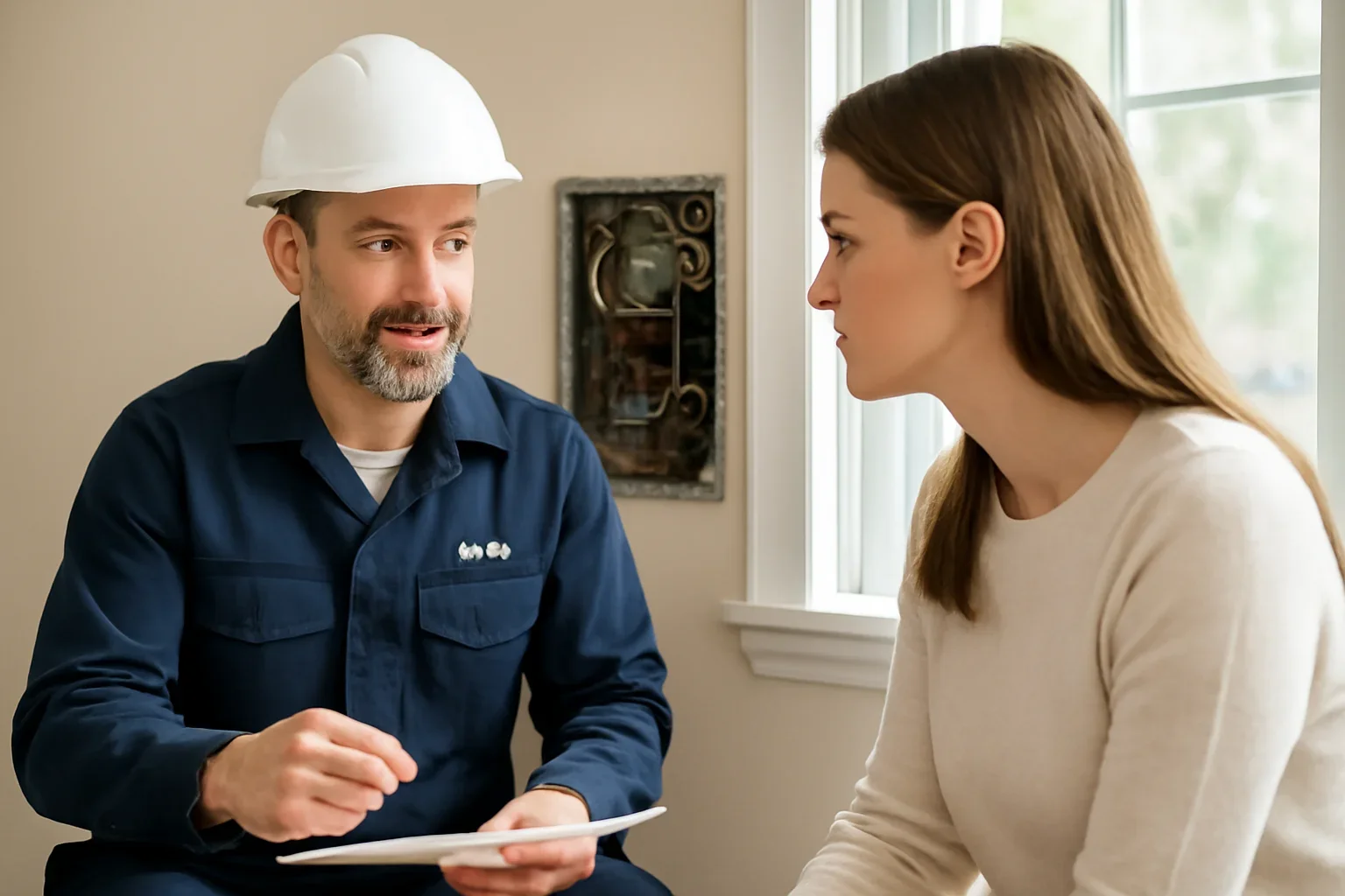 Electrician discussing aluminum wiring repair at a Regina home