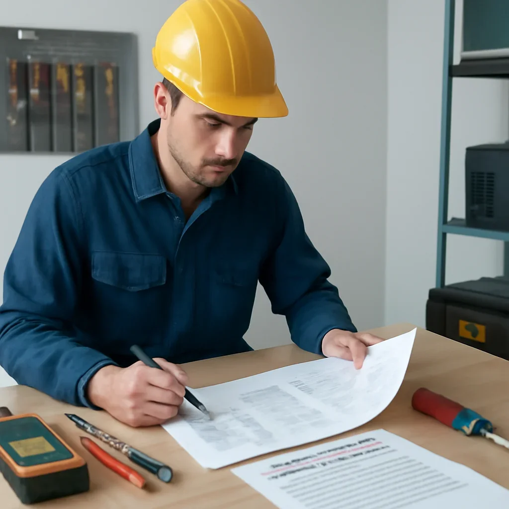 Electrician reviewing electrical plans and safety details for backup generator maintenance before regina winter