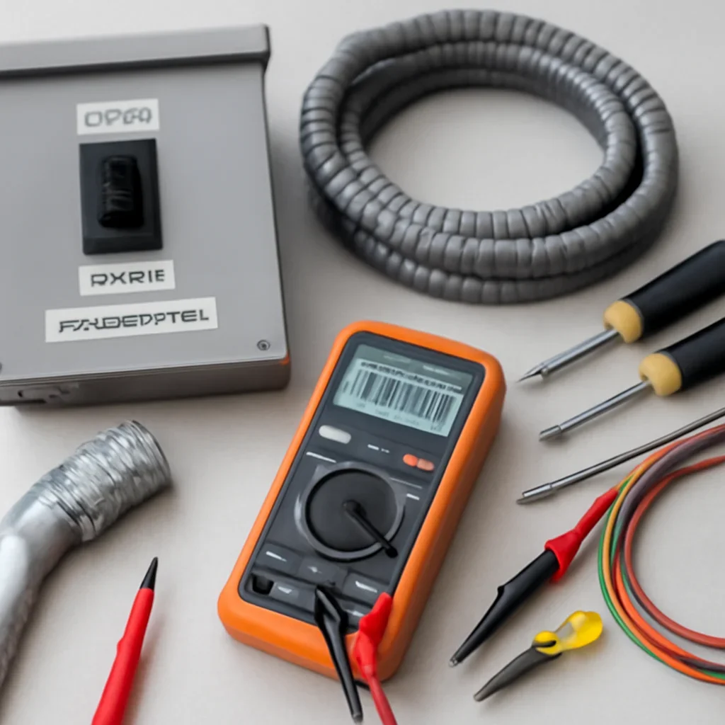 Electrical tools and code-compliant equipment used for backup generator maintenance before winter