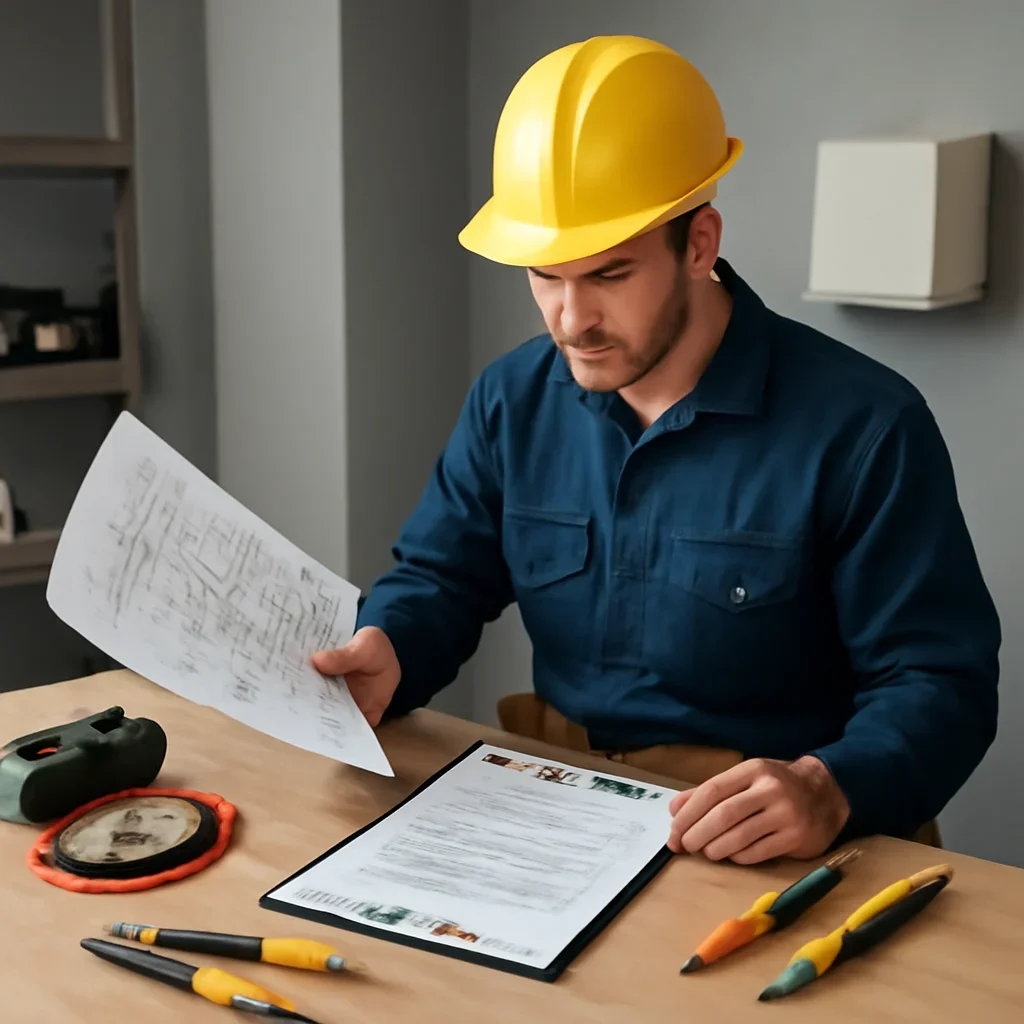 Electrician reviewing electrical plans and property details for a Regina project