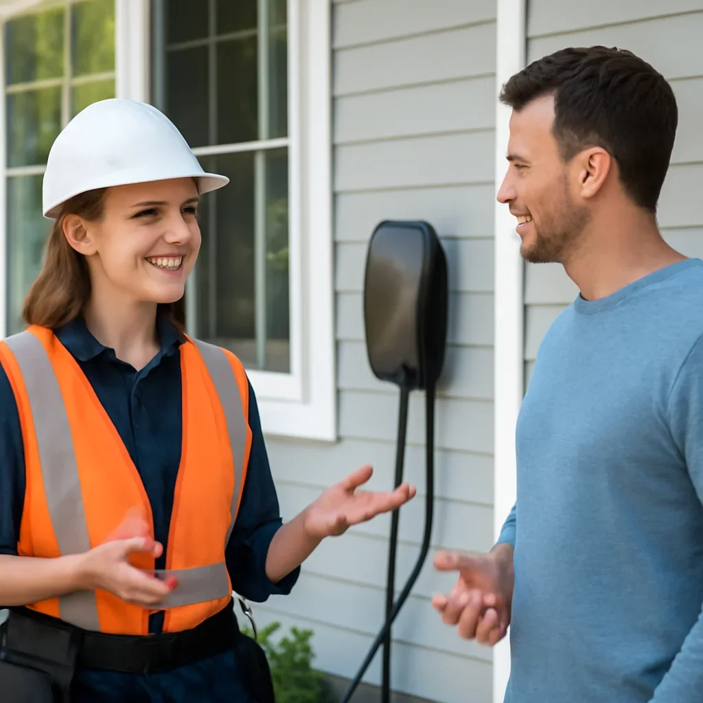 Regina homeowner reviewing an EV charger installation plan with an electrician
