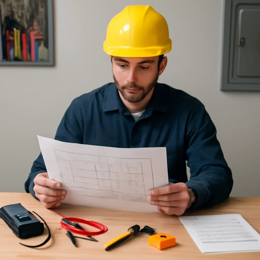 Electrician reviewing electrical plans and safety details for blog