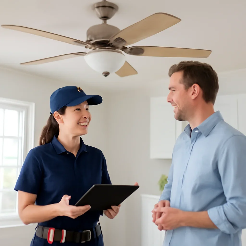 Regina homeowner discussing ceiling fan installation details with an electrician