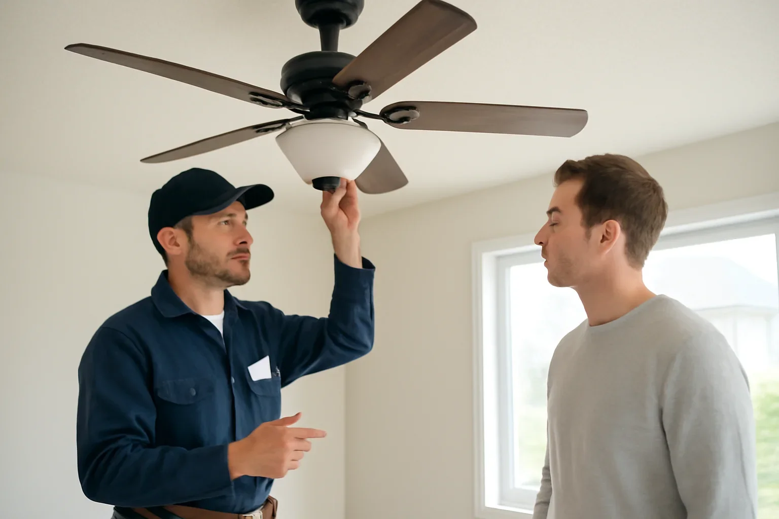 Licensed electrician discussing a ceiling fan installation in a Regina home