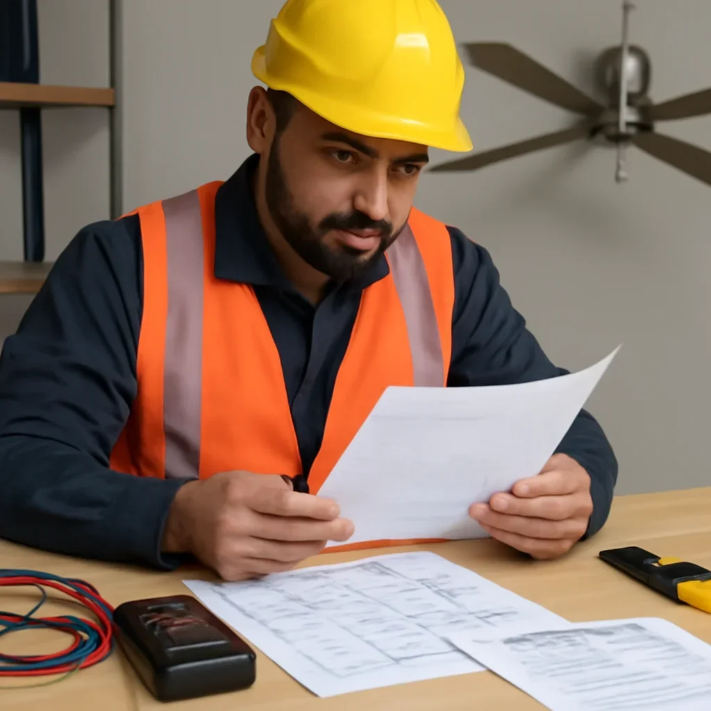 Electrician reviewing ceiling fan wiring, support, and control requirements