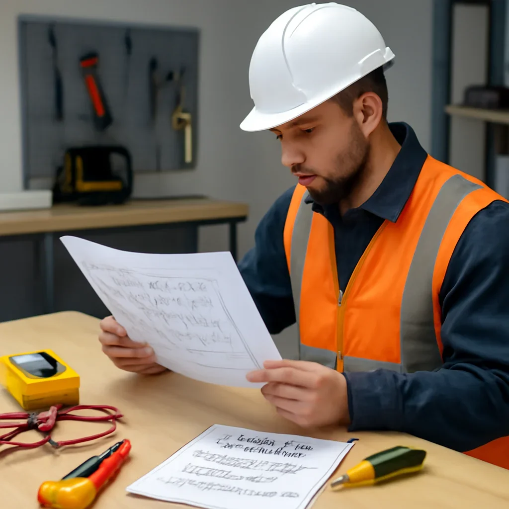 Electrician reviewing electrical plans and safety details for christmas light installation safety in regina