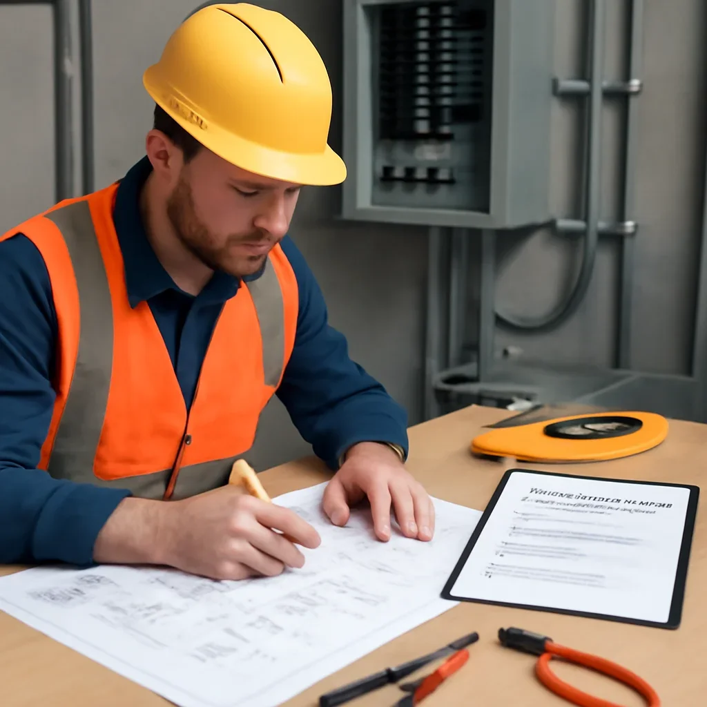 Electrician reviewing electrical plans and safety details for commercial electrical maintenance checklist