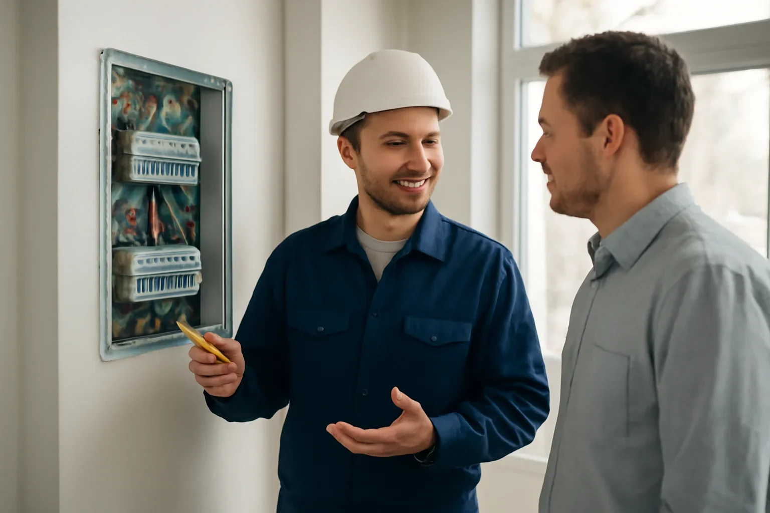 Commercial electrician discussing electrical work at an Emerald Park business