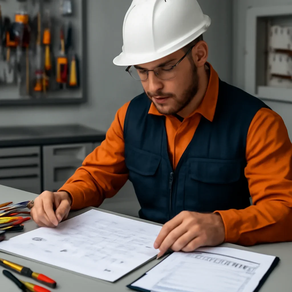 Electrician reviewing a commercial electrical plan for an Emerald Park property