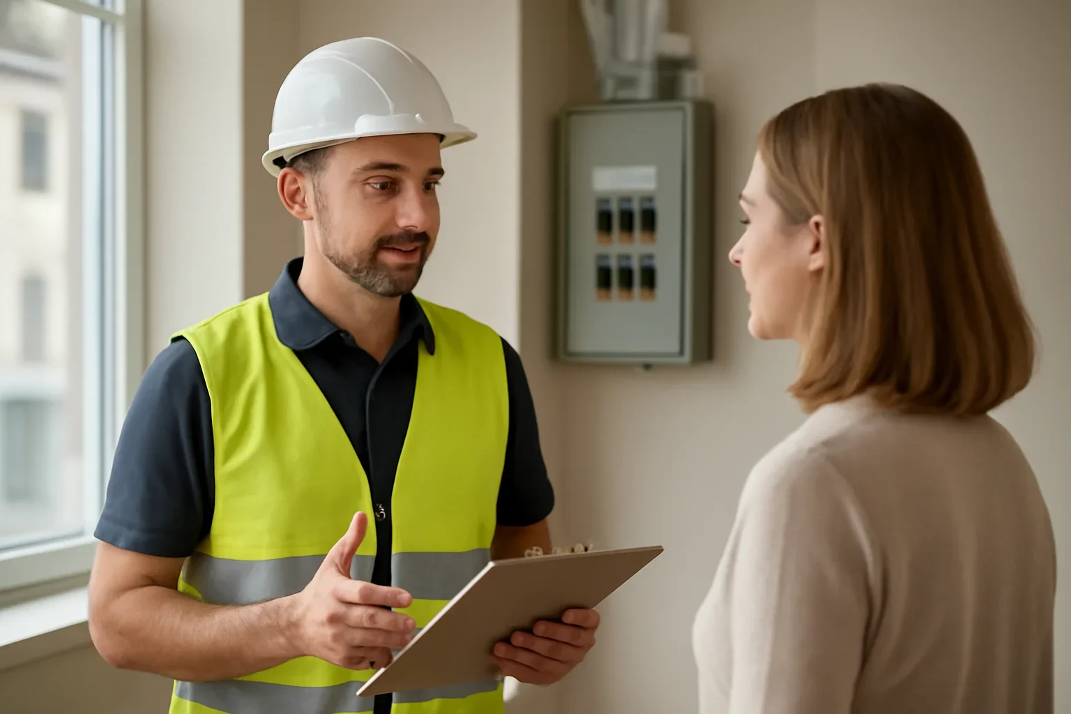 Commercial electrician discussing an electrical project at a Regina business