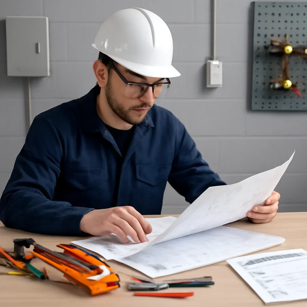 Electrician reviewing plans, circuits and scheduling for a Regina commercial project