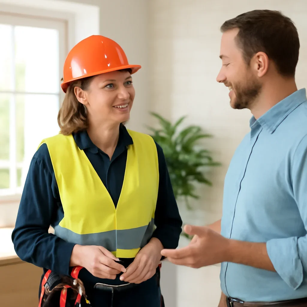White City business representative discussing an electrical repair or upgrade with an electrician