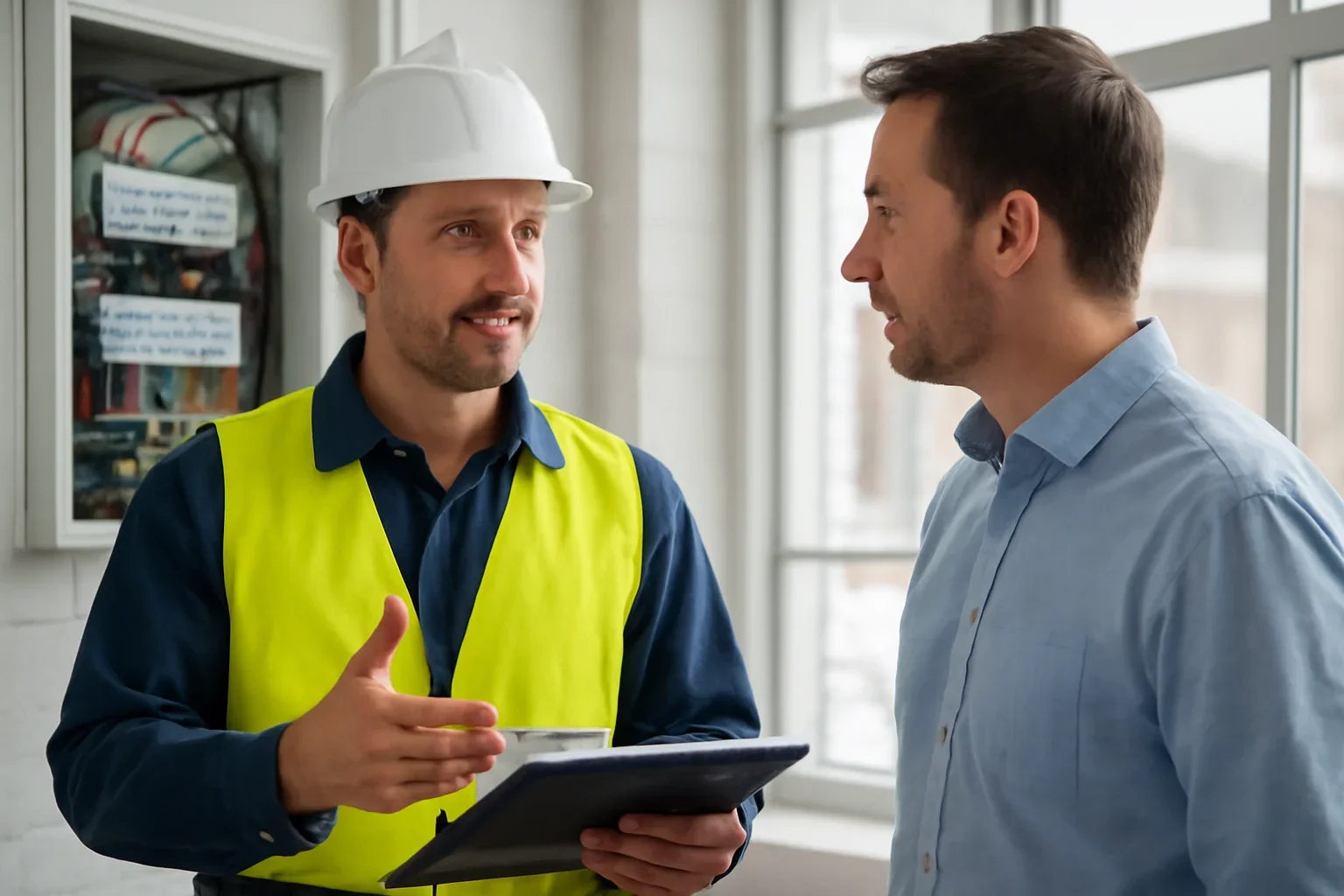 Electrician reviewing a commercial electrical project with a White City business representative