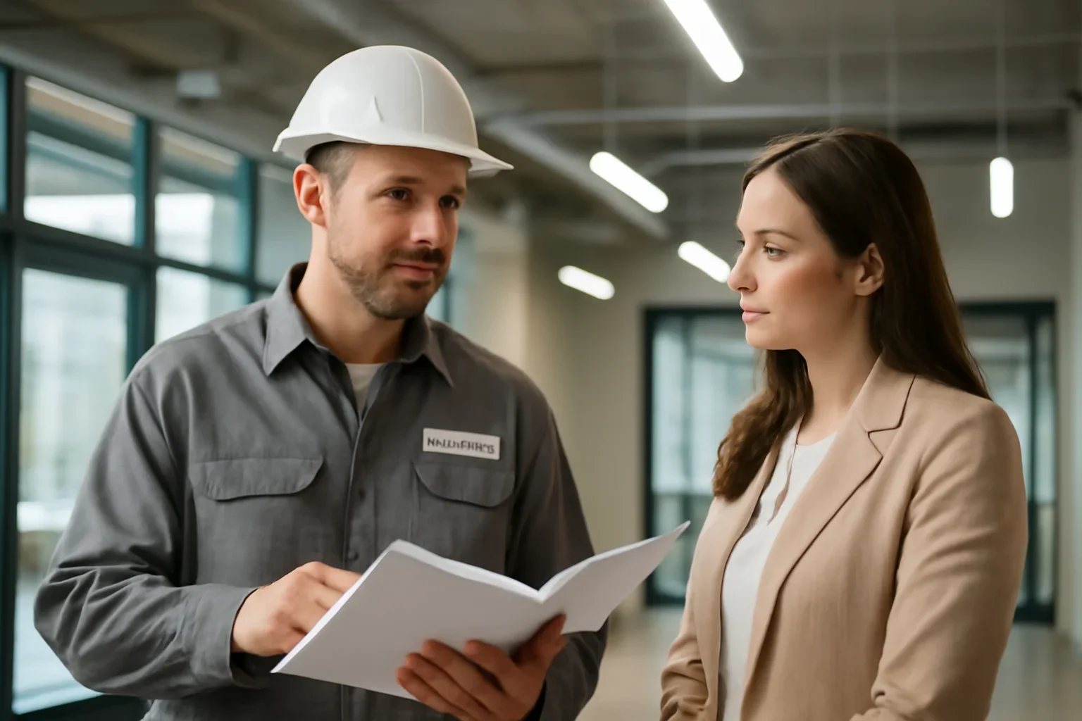 Electrician reviewing commercial lighting inside a Regina business property