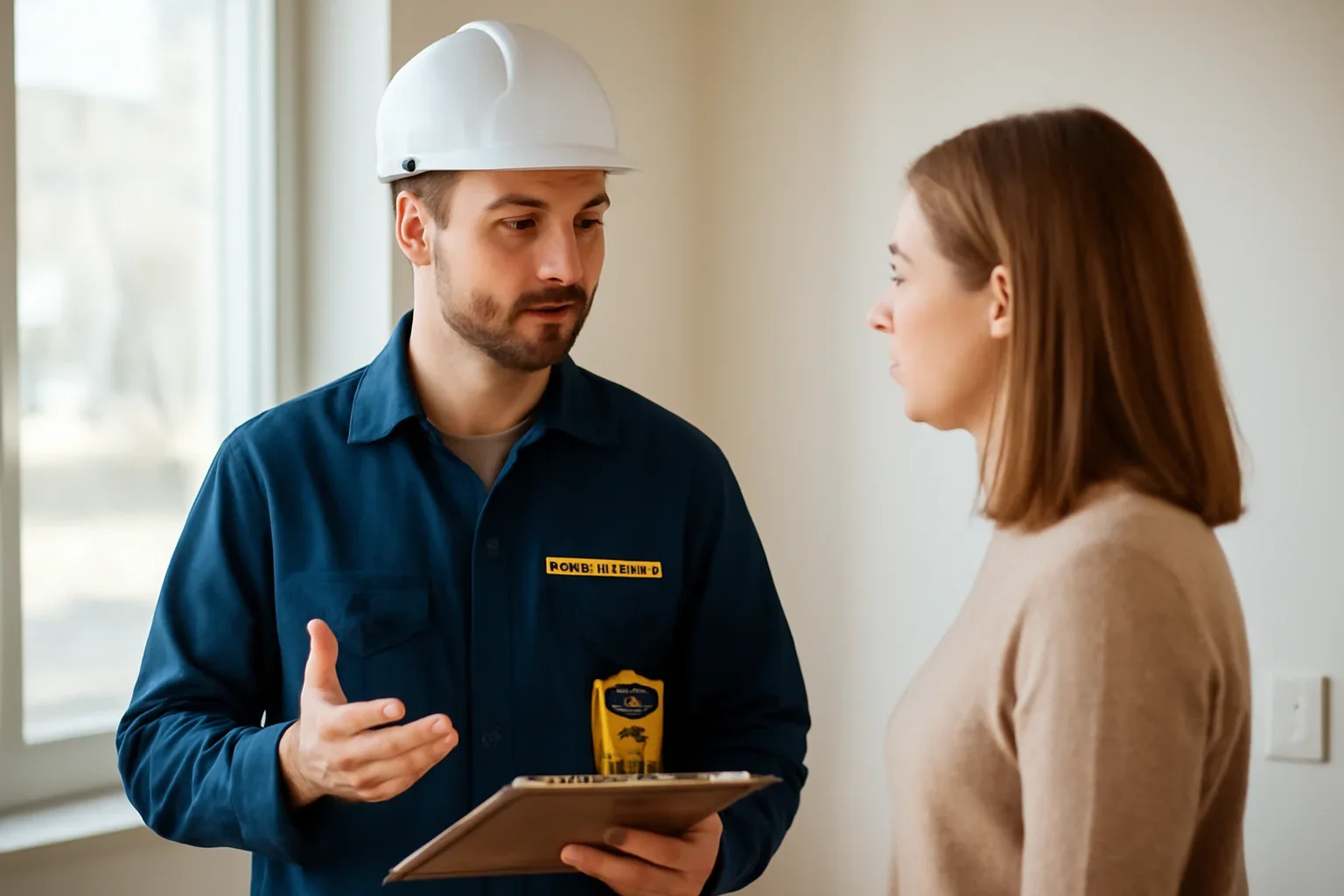 Property owner discussing an electrical service request with an electrician in Regina