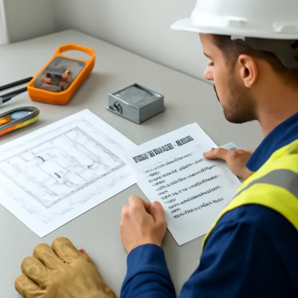 Electrician reviewing photos, electrical plans, and service details for a Regina project