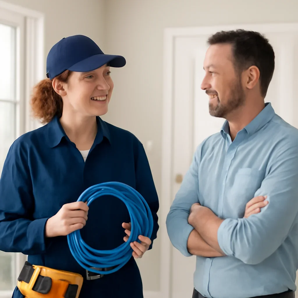 Emerald Park property owner discussing a data cabling layout with a technician