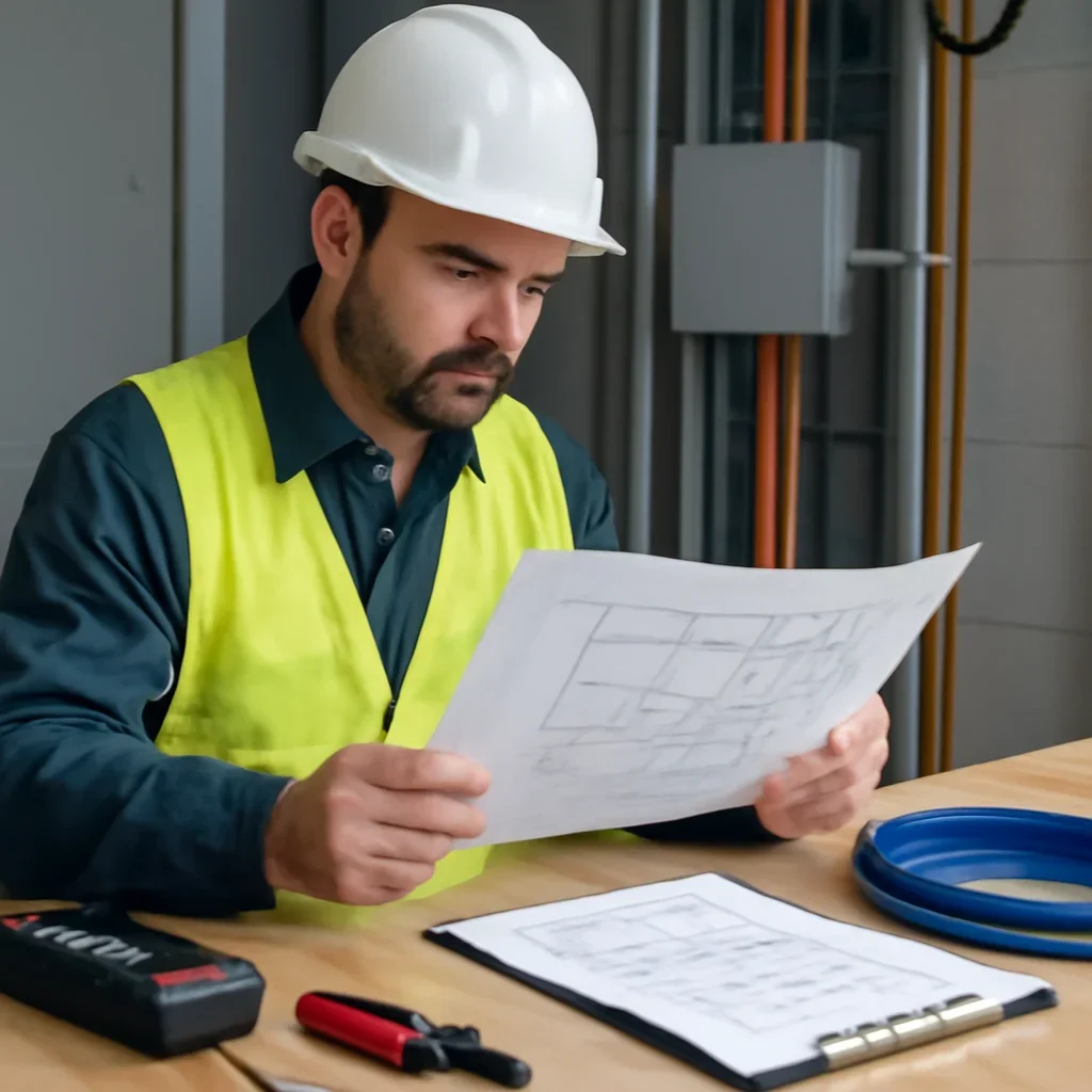 Technician reviewing a structured cabling plan for an Emerald Park building