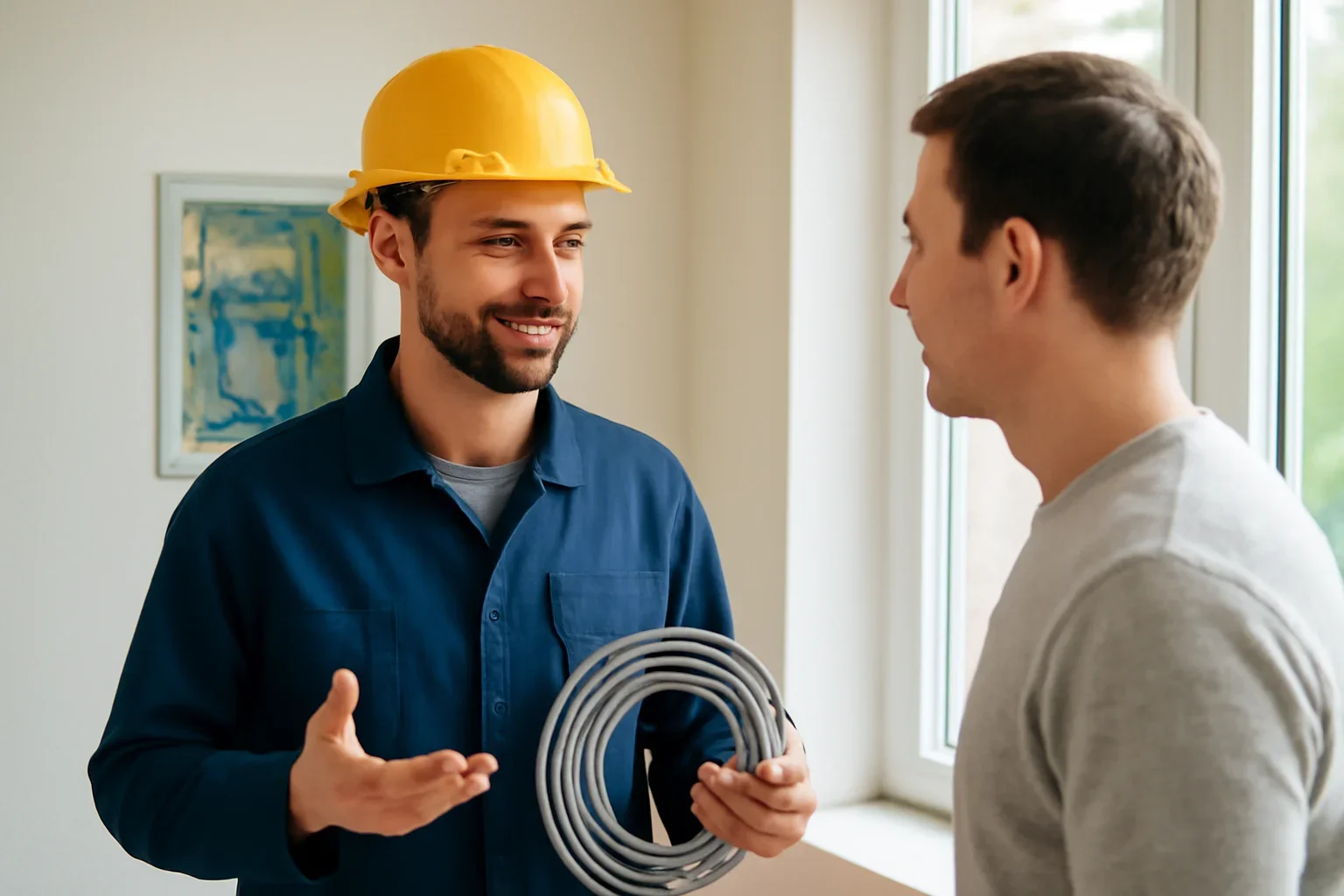 Electrician discussing Ethernet and network cable installation with a Regina property owner