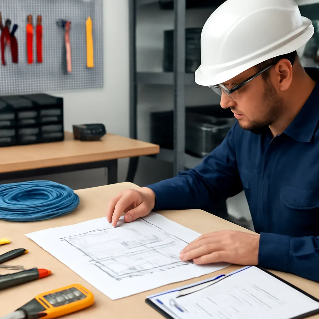 Electrician reviewing Ethernet cable routes, wall access, and network-point locations for a Regina property