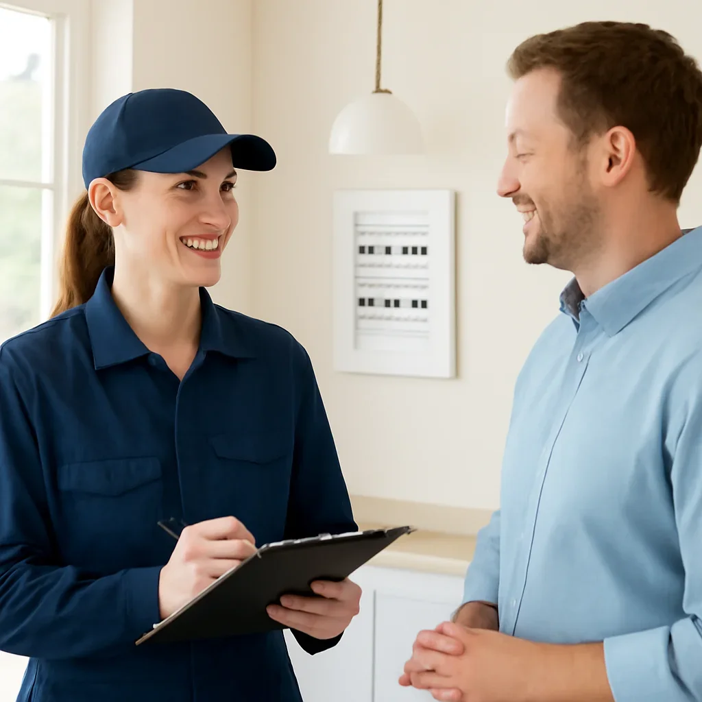 Emerald Park property owner discussing electrical assessment findings with an electrician