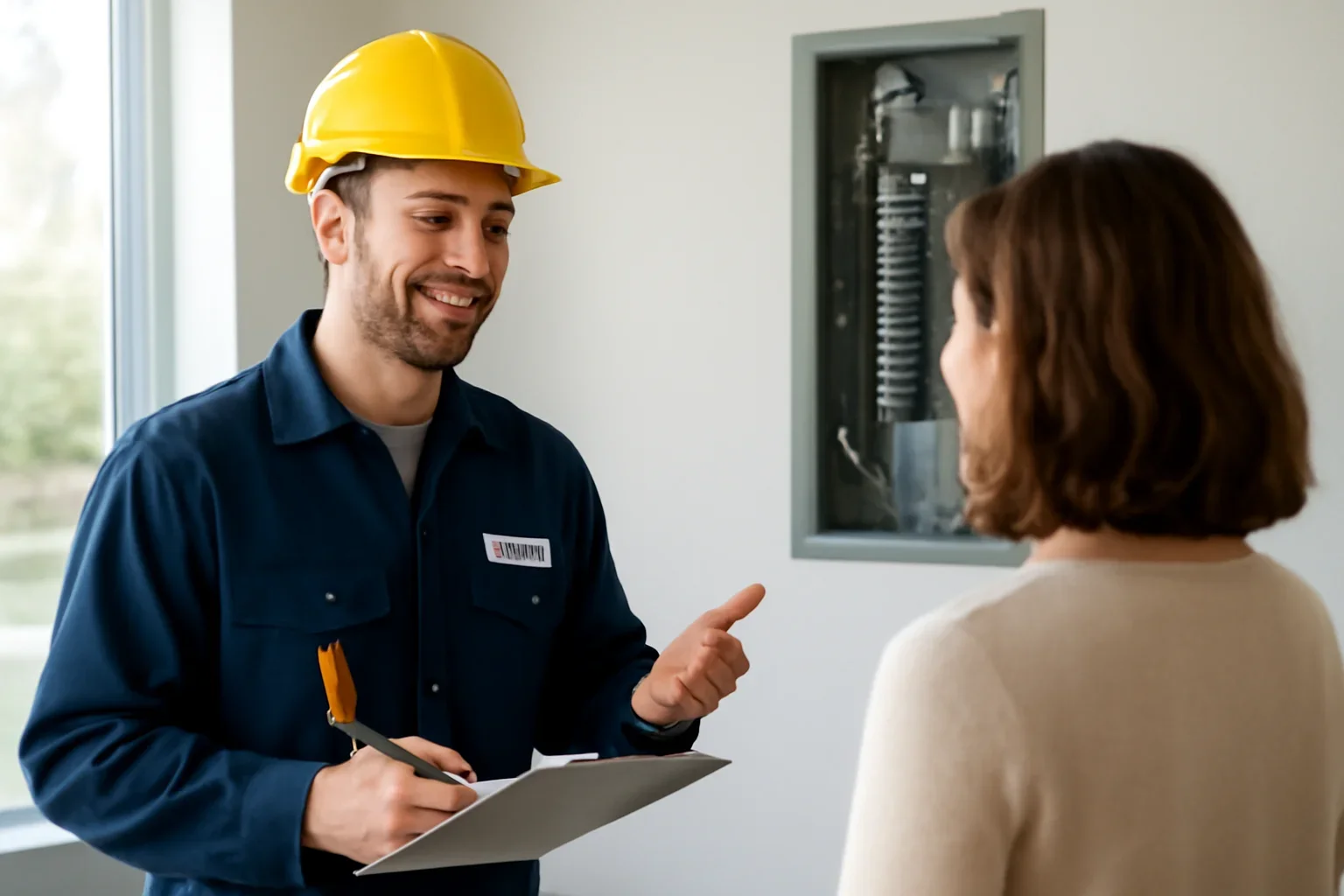 Electrician reviewing an electrical panel during an Emerald Park property assessment
