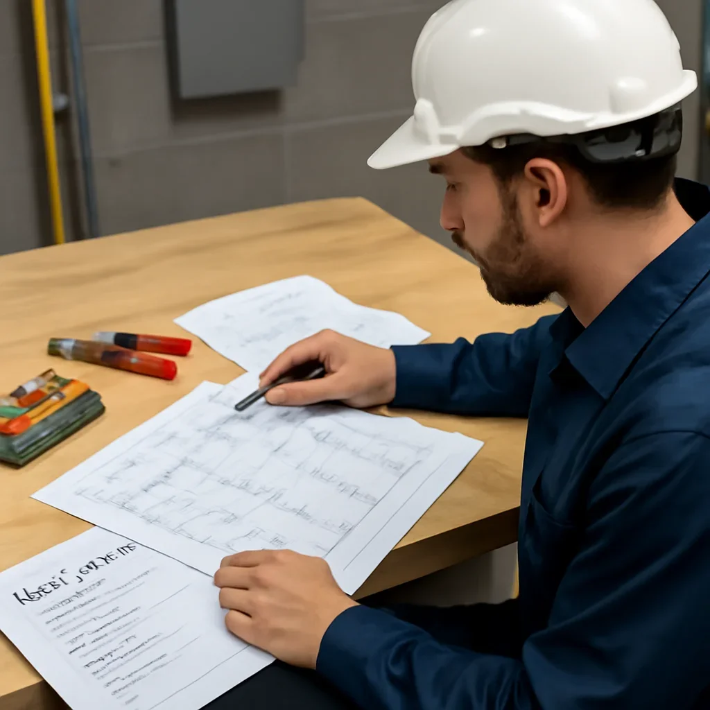 Electrician reviewing electrical plans and inspection notes for an Emerald Park property