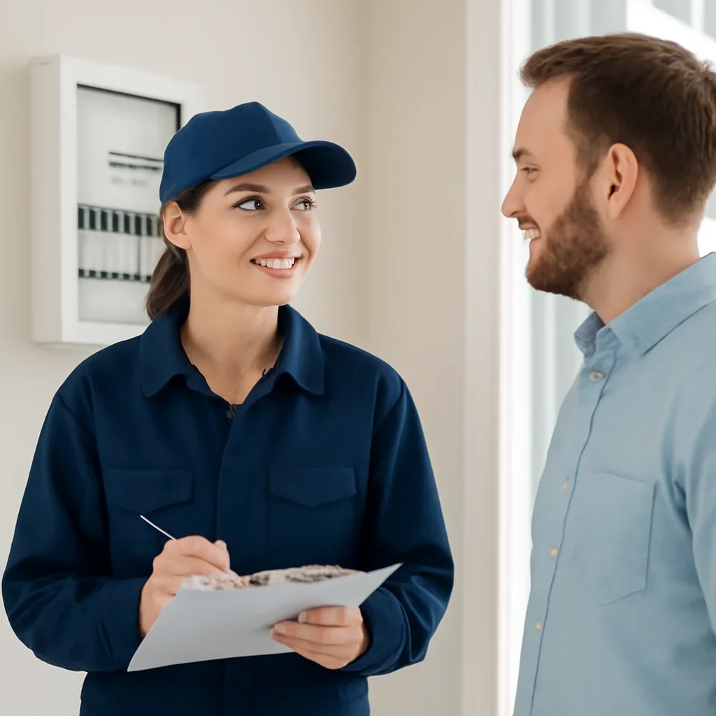 White City property owner discussing electrical inspection findings with an electrician