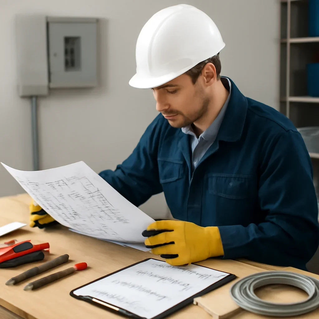 Electrician reviewing an electrical panel and inspection plan for a White City property