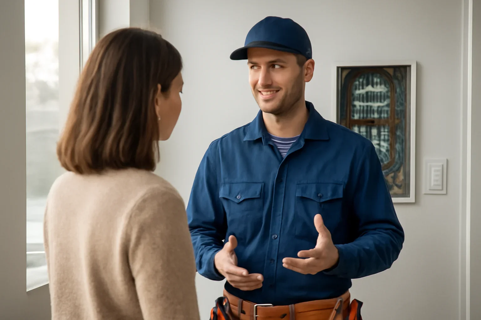 Electrician discussing an electrical maintenance plan with a Regina property owner