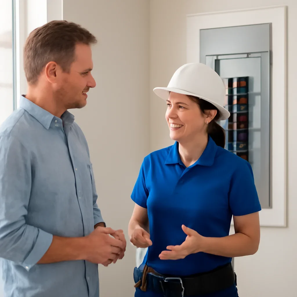 White City homeowner discussing panel replacement and future electrical needs with an electrician
