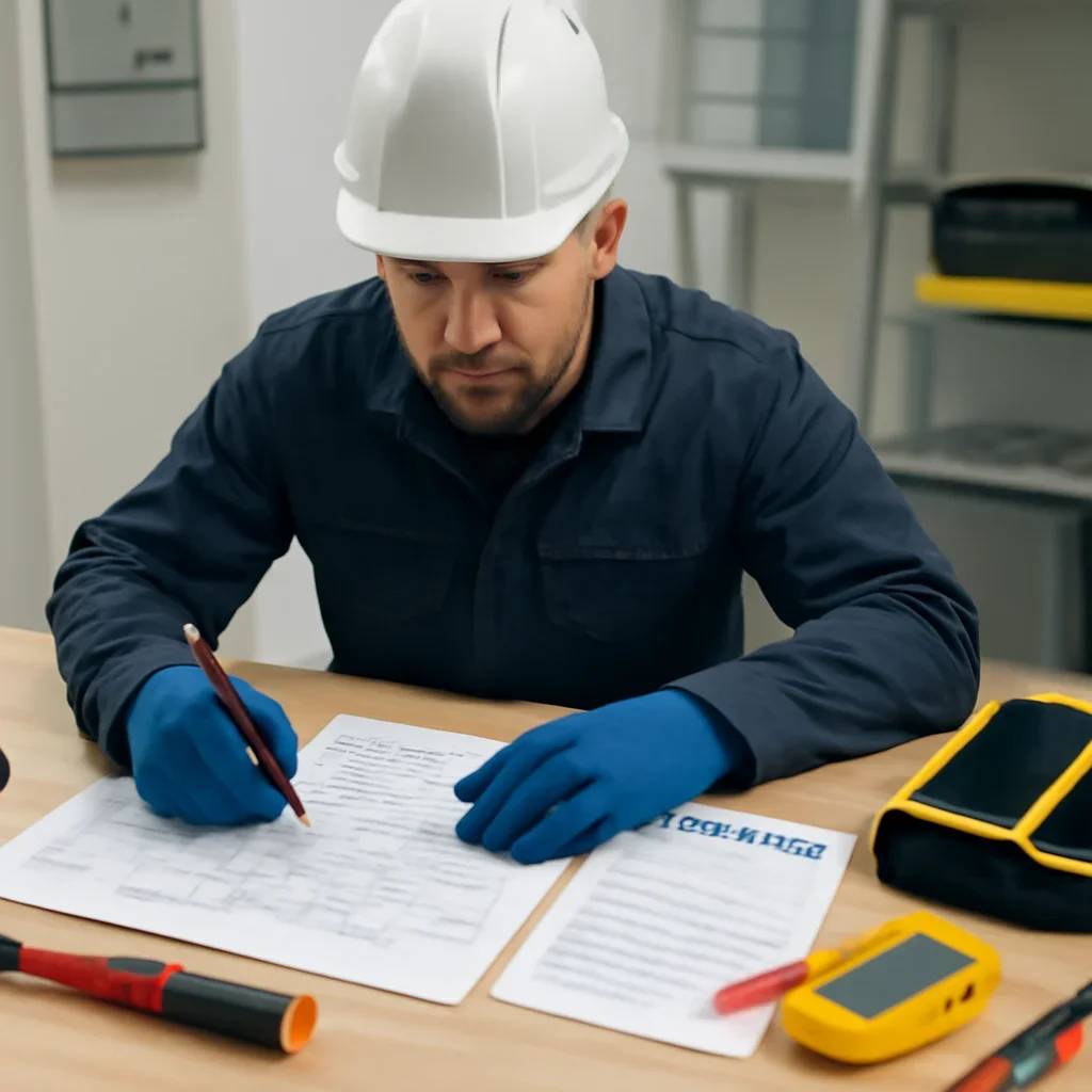 Electrician reviewing circuits and test results during electrical troubleshooting in Regina