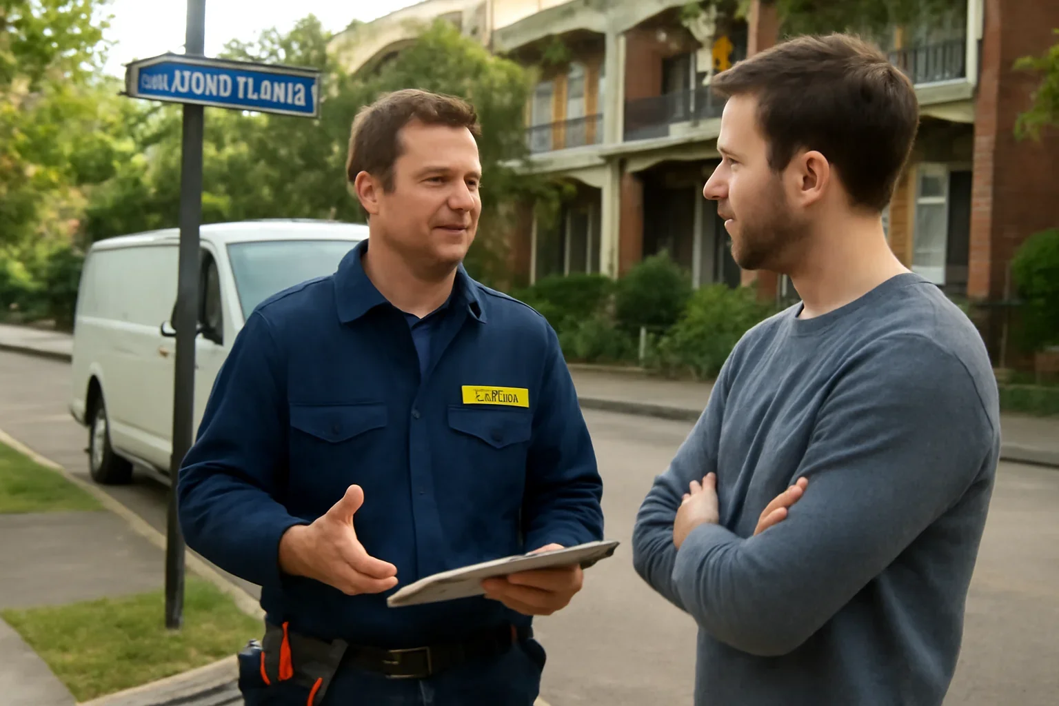 Licensed electrician discussing an electrical project at an Albert Park property in Regina