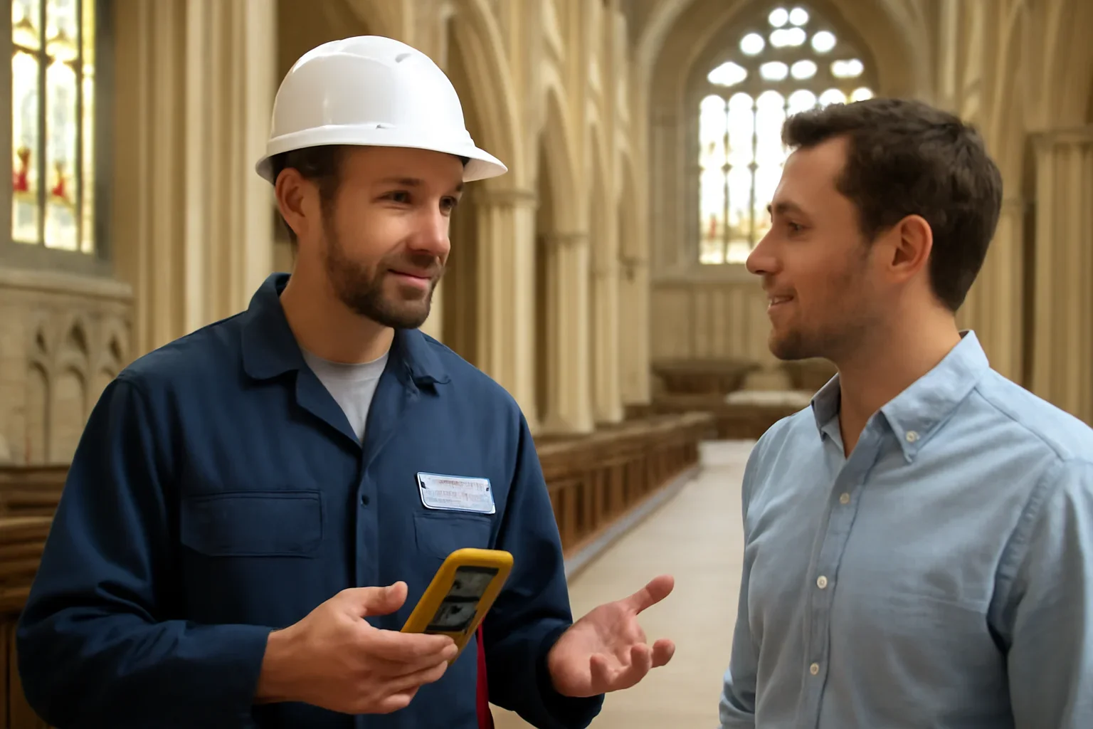 Electrician discussing electrical service for a Cathedral property in Regina