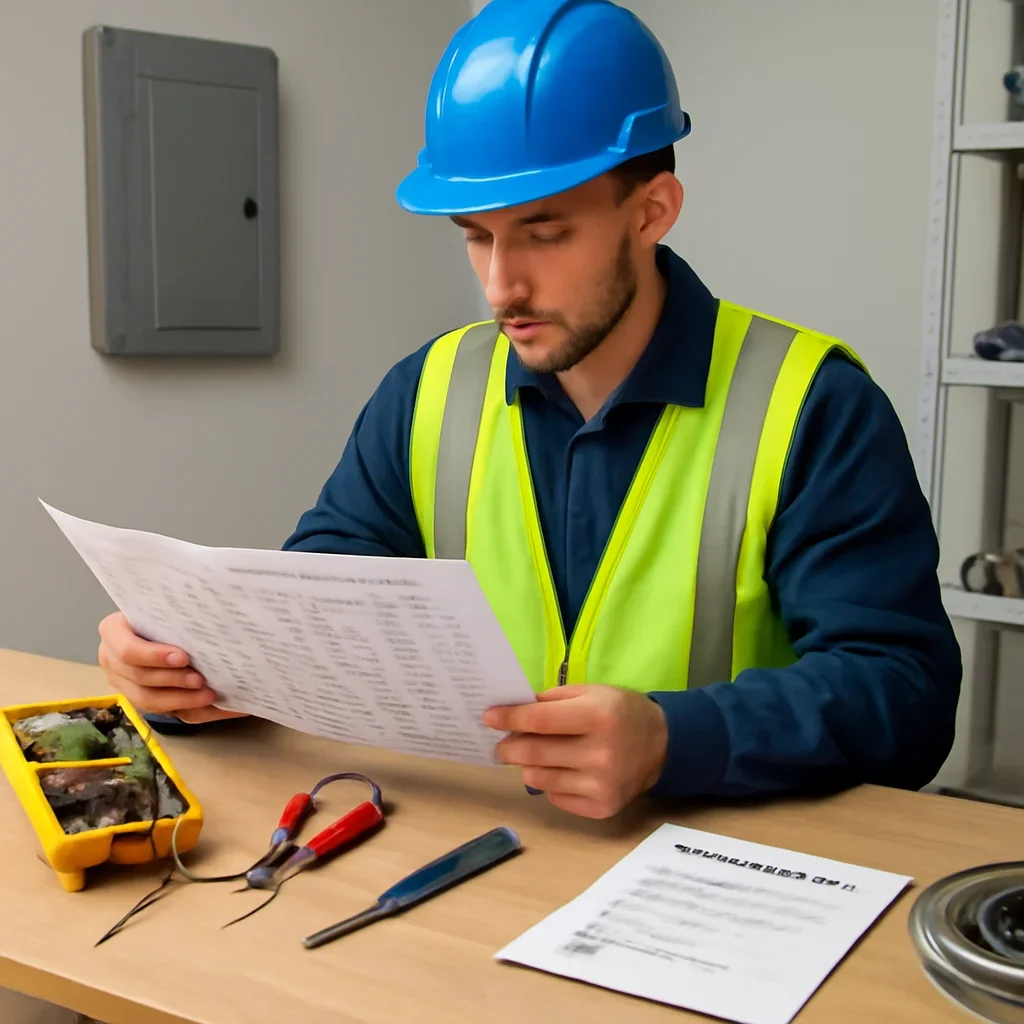 Electrician reviewing electrical plans and safety details for an Emerald Park property