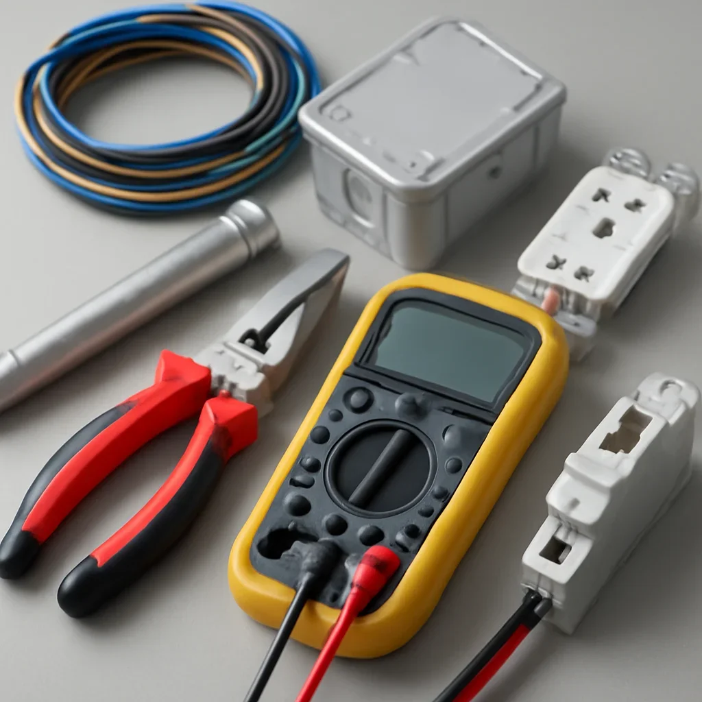 Electrical testing tools and equipment prepared for an Emerald Park service call