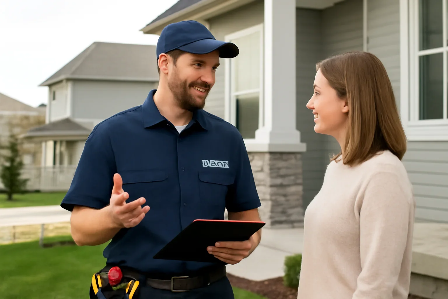 Electrician discussing an electrical project with a Harbour Landing property owner