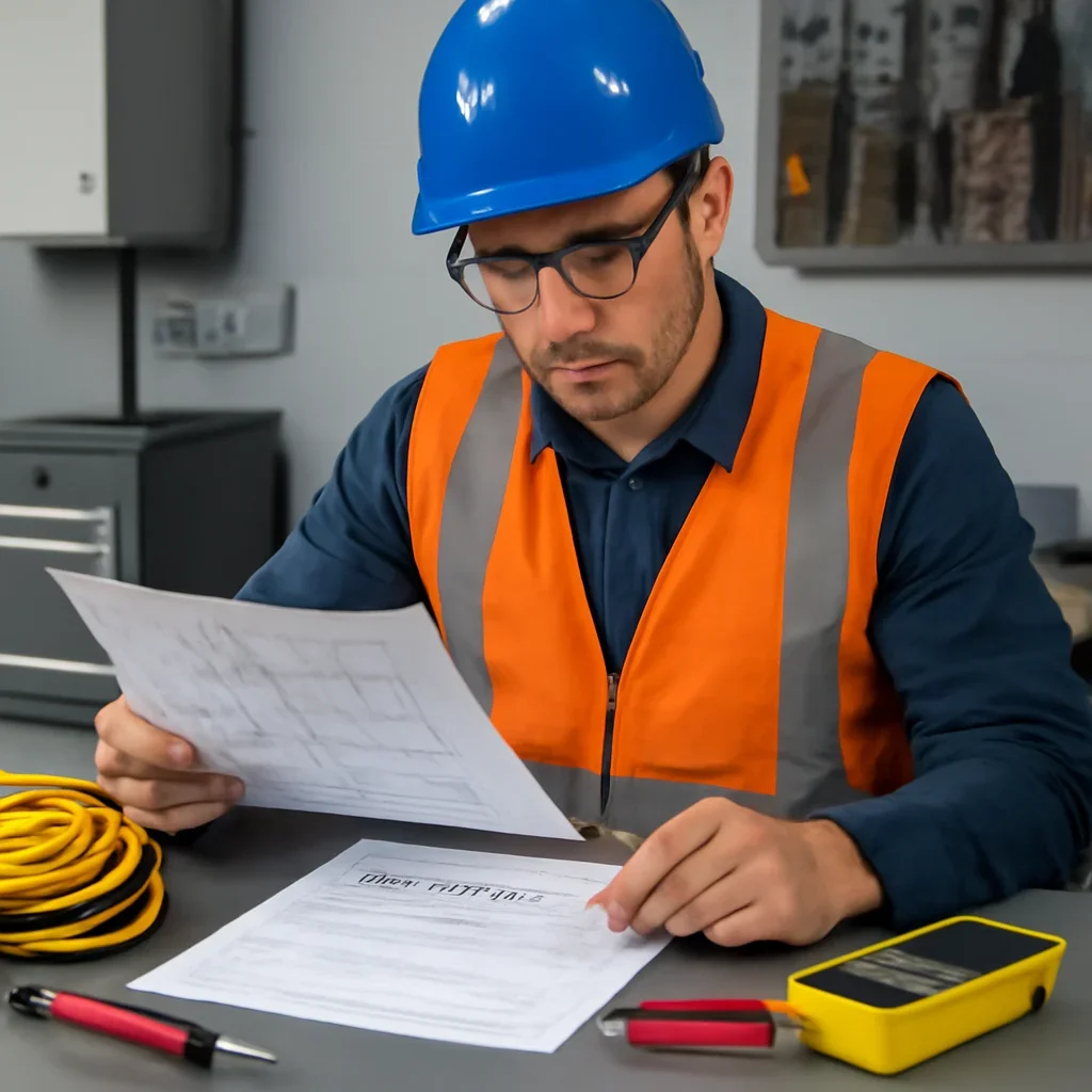 Electrician reviewing plans for a Harbour Landing electrical project