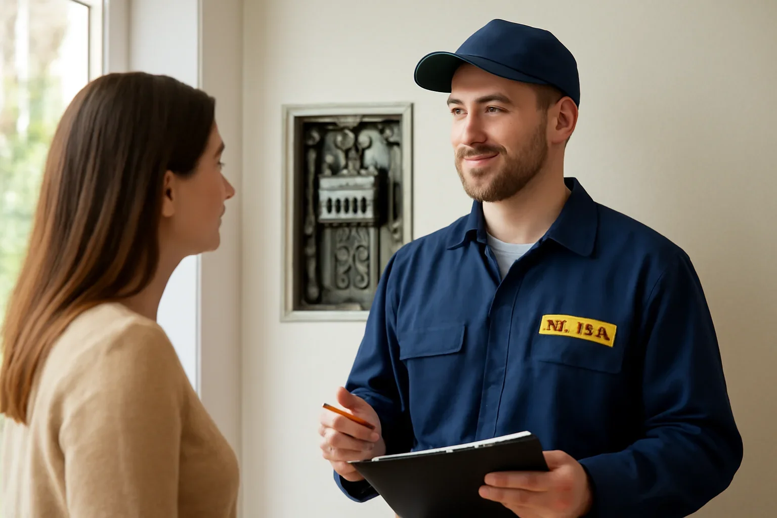Electrician discussing an electrical project at a Rosemont property in Regina