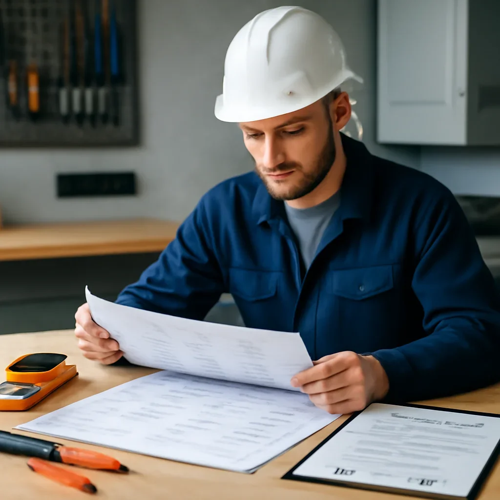 Electrician reviewing wiring and panel planning for a Rosemont property