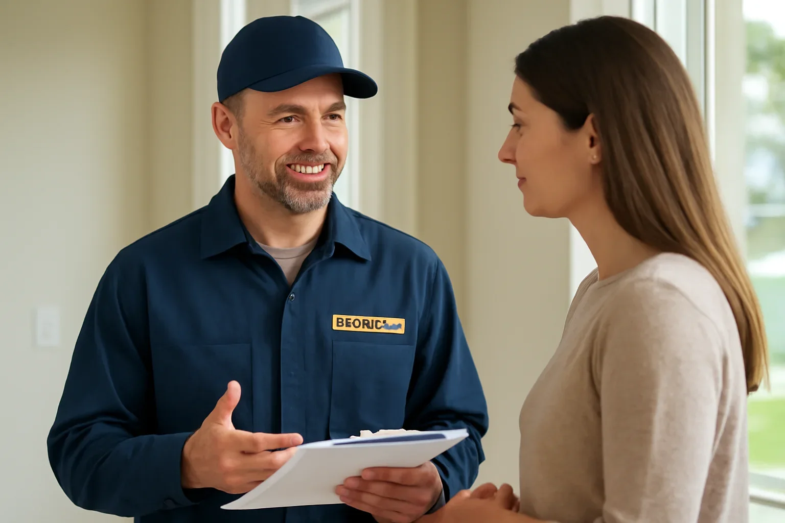 Licensed electrician discussing an electrical project at a Wascana View home in Regina