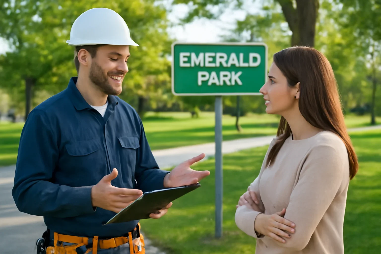 Electrician discussing an electrical project with an Emerald Park property owner