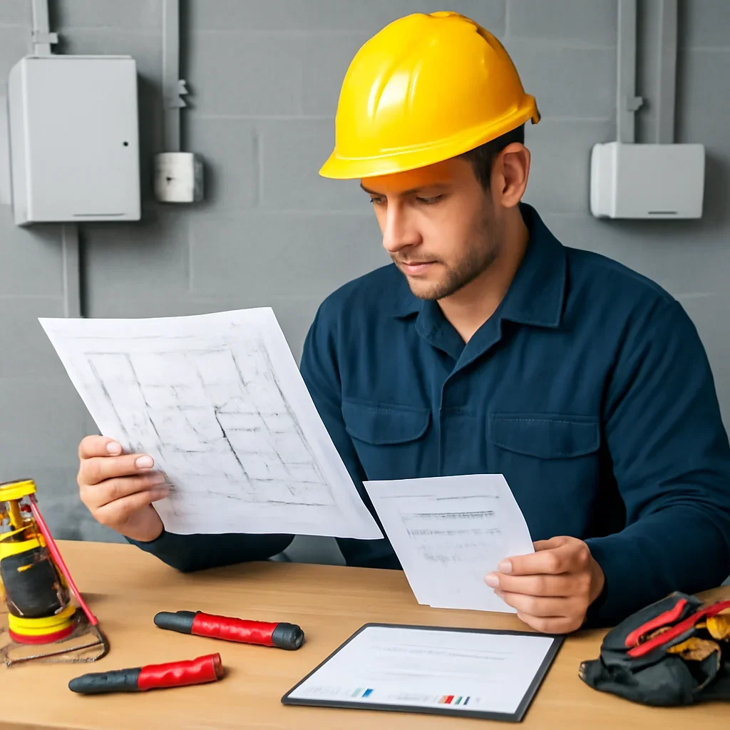 Electrician reviewing electrical plans and safety details for an Emerald Park property