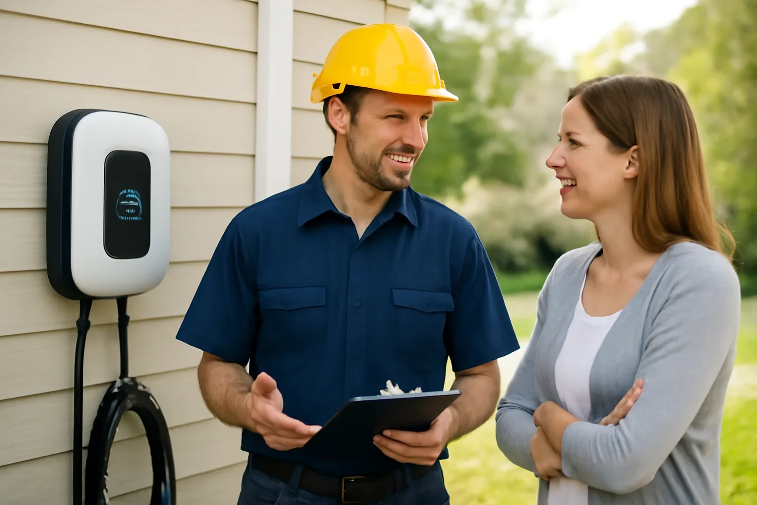 Electrician planning an EV charger installation at an Emerald Park property