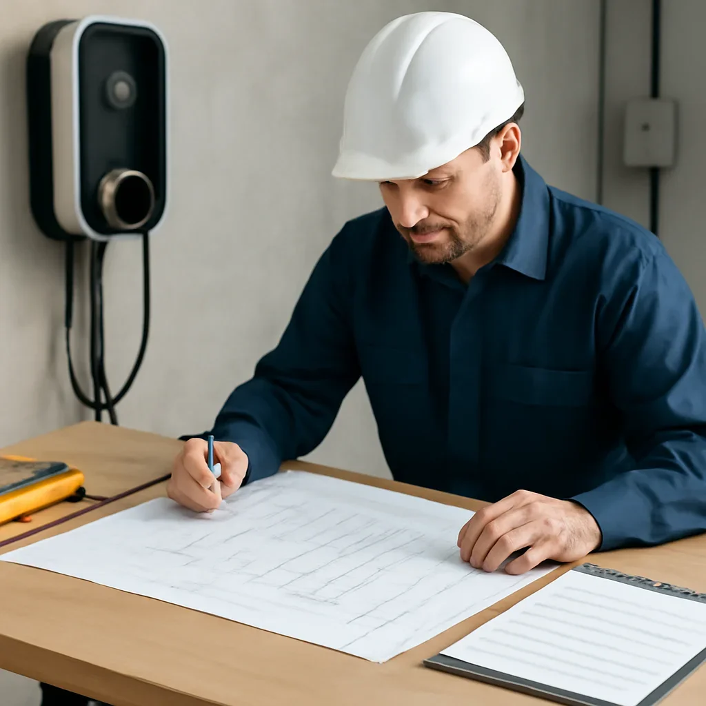 Electrician reviewing an Emerald Park EV charging plan and electrical capacity