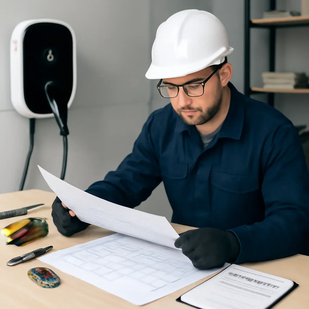 Electrician reviewing EV charger error information and circuit details in Regina