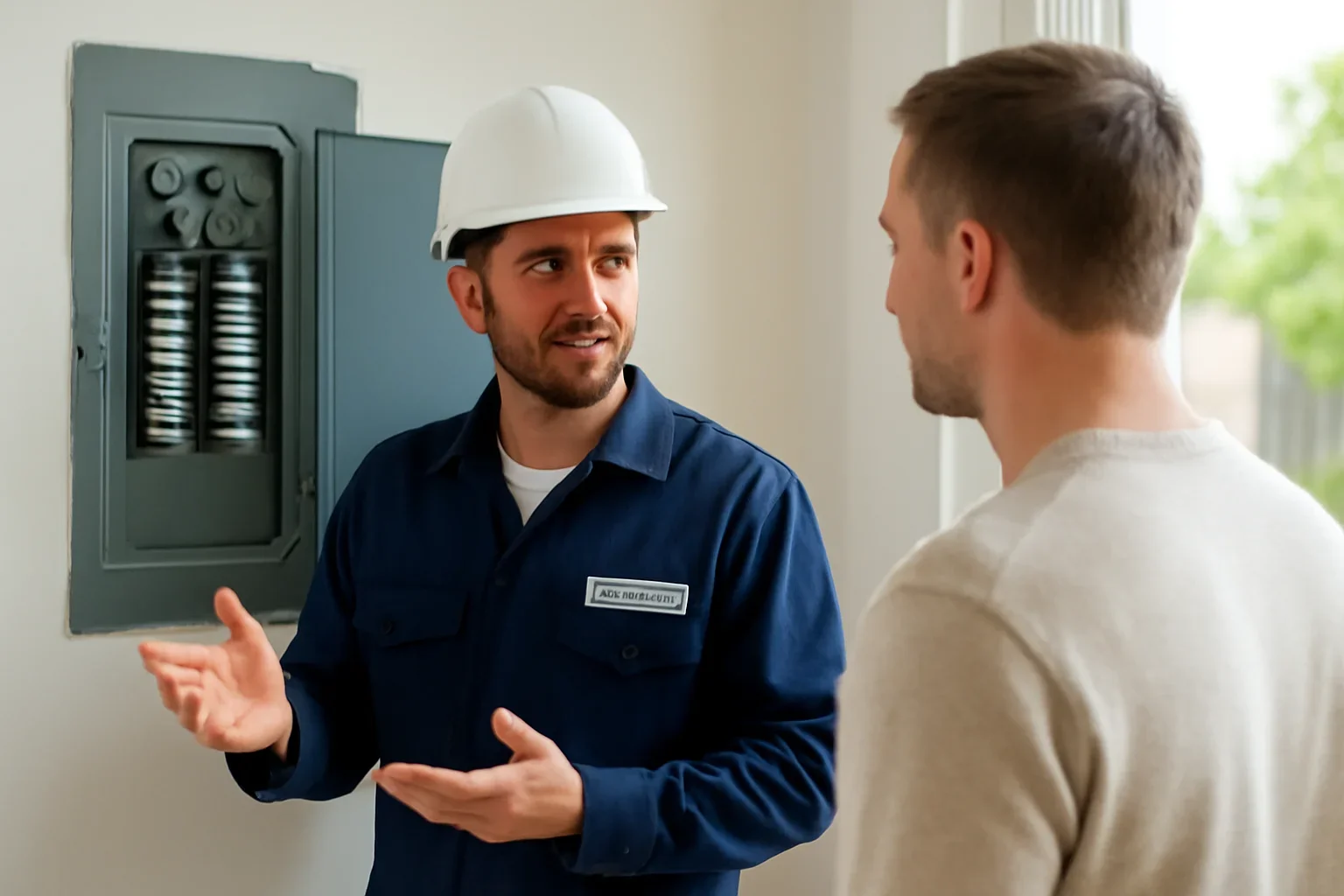 Electrician comparing an older fuse box with a breaker panel in a Regina property