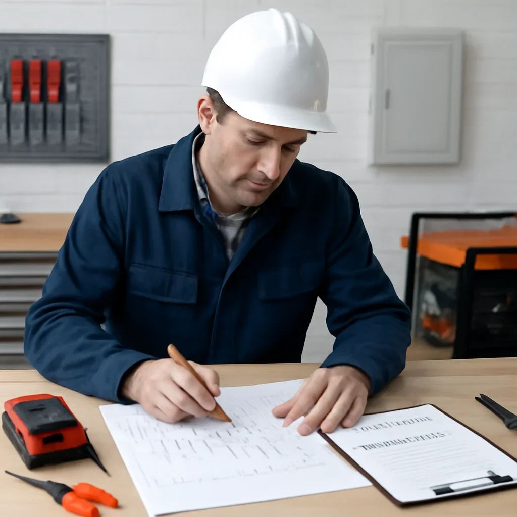 Electrician reviewing generator loads and transfer equipment for a White City property