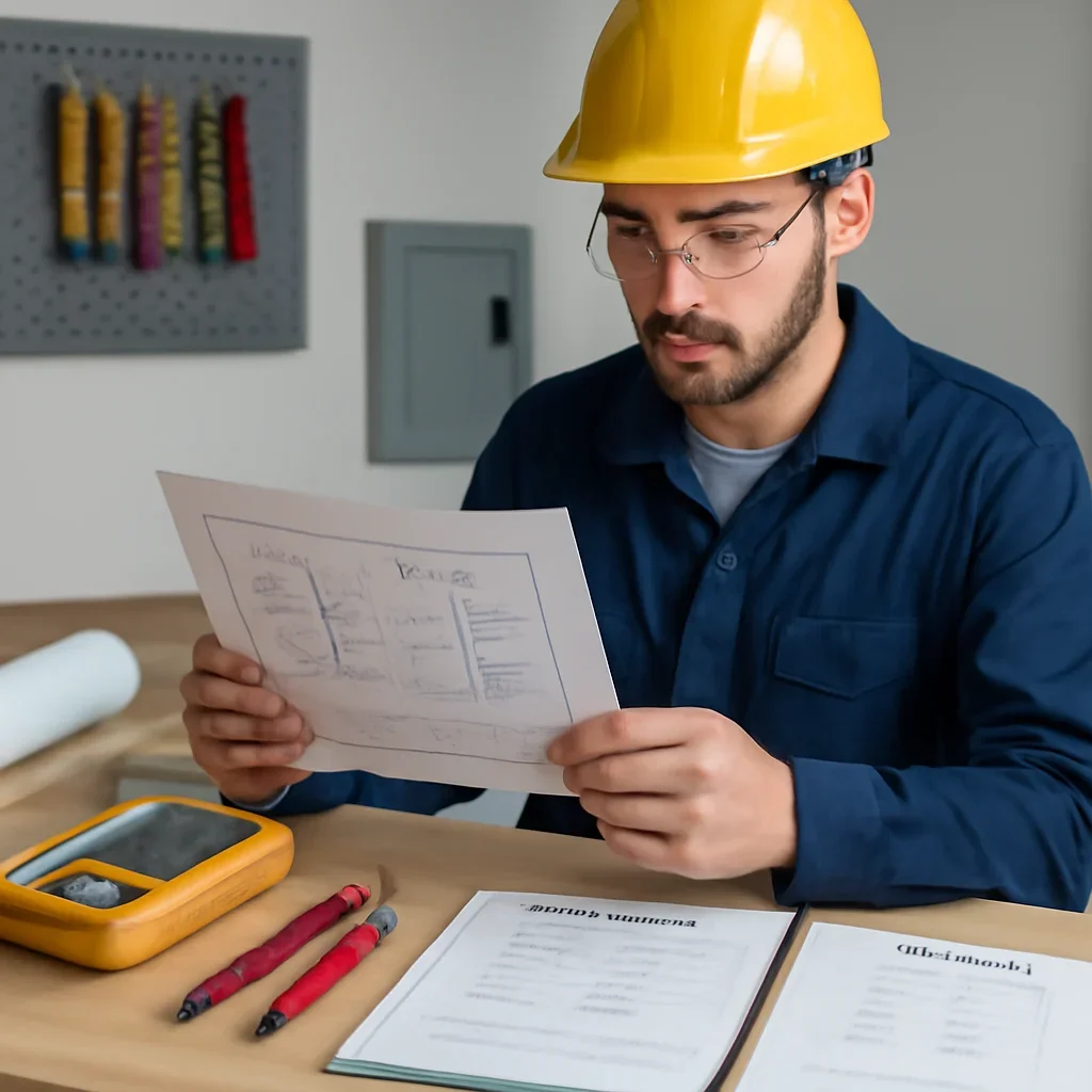 Electrician reviewing electrical plans and safety details for generator transfer switch vs interlock